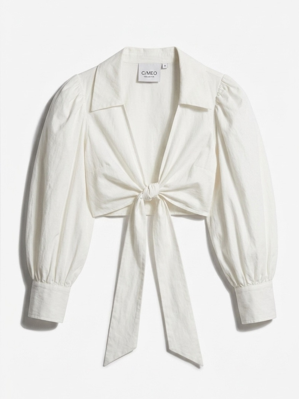 C/MEO Collective “Sustained” White Tie-Front Cropped Puff Sleeve Blouse